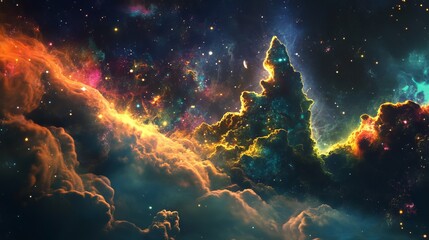 Wall Mural - A vibrant nebula with swirling clouds of gas and dust, illuminated by bright stars in a cosmic landscape.