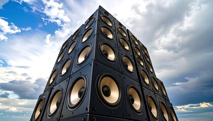 towering array of speakers against a dramatic sky, showcasing powerful sound.