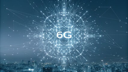 Futuristic concept of 6G technology in a digital cityscape.