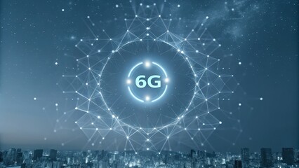 Futuristic cityscape with a glowing 6G network symbol.