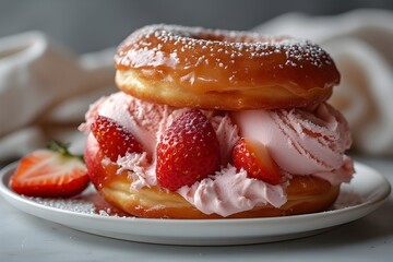 Wall Mural - donut strawberry ice cream sandwich on a plate