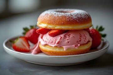 Wall Mural - donut strawberry ice cream sandwich on a plate