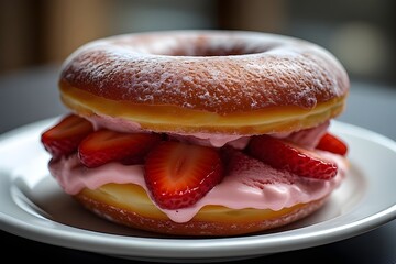 Wall Mural - donut strawberry ice cream sandwich on a plate
