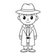 © Prasanta Saha - A cartoon-cute-detective coloring page featuring a playful sleuth with a magnifying glass, hat, and coat, ready to solve mysteries with charm and fun details to color.