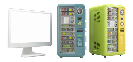 Colorful Computer Towers and Monitor Isolated on Transparent Background for Design Use