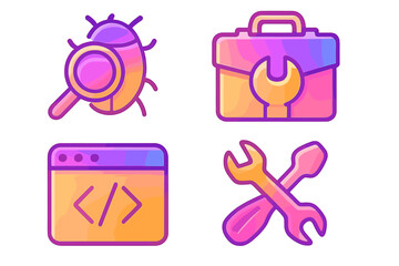 Software development icon set. Bug fixing, coding, programming tools. Vector gradient icons for web development, maintenance, repair. Debugging, quality assurance, code analysis.