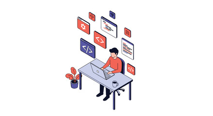 Programmer coding intently at desk surrounded by digital interfaces and data streams