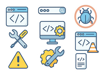 Web development icon set for programming and bug fixing. Flat design vector collection of coding, search, website maintenance, error, and settings symbols for UI UX design.