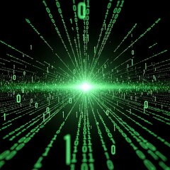 Digital Matrix Tunnel with Green Binary Code Flowing Towards Bright Light.