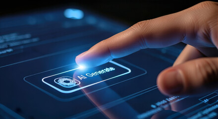 A finger touching an ai generate button on a digital screen with glowing blue light and data displays