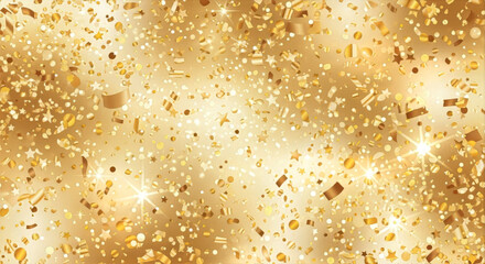 A golden explosion of confetti and bokeh lights creating a festive and celebratory background design element