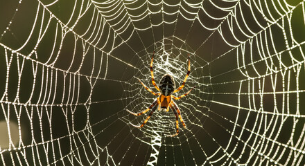 Spider sitting in middle of web covered with shiny dew drops showing natural balance and hunting trap