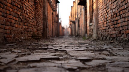 Wall Mural - narrow cobblestone alleyway lined with rustic brick buildings, evoking a sense of history and solitu