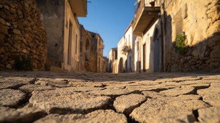 Wall Mural - quaint cobblestone street in a historic village, bathed in golden sunlight, showcasing rustic archit