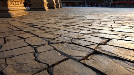 Wall Mural - cracked stone pavement under architectural columns with blurred crowds in the background at sunset