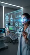 © Bandung - Doctor interacting with futuristic holographic medical display showing human anatomy and data.