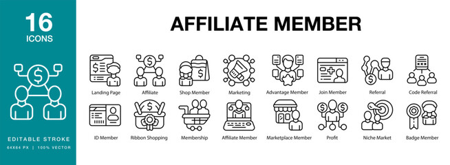 Affiliate Member icon set. Includes partnership, teamwork, staff members, and More. Editable Stroke Icon Collection.