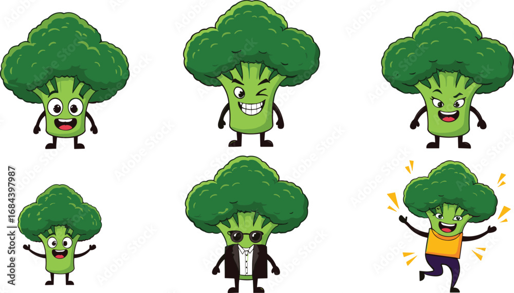 Funny cartoon broccoli characters with different emotions, costumes ...