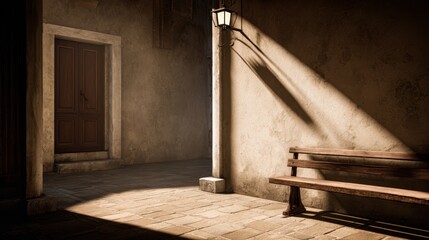 Wall Mural - serene alleyway with a wooden bench, soft light casting shadows, inviting peaceful moments in a quai