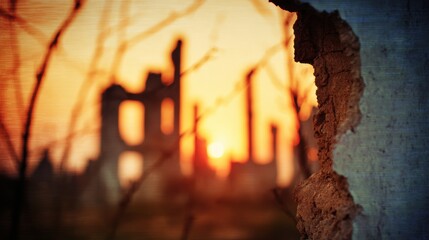 Wall Mural - Sunset view through a cracked wall, showcasing ruins in the background with silhouettes of trees