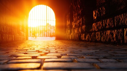 Wall Mural - Sunlight streaming through an arched gate, illuminating a cobblestone path in a serene urban setting
