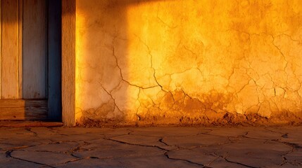 Wall Mural - cracked earth and weathered wall at sunset, evoking a rustic ambiance in a serene outdoor setting