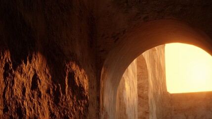 Wall Mural - Warm sunlight filtering through an arched doorway in a rustic stone wall, creating a serene atmosphere