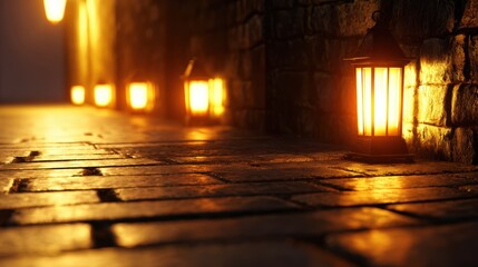 Wall Mural - Warm glow of lanterns illuminating a cobblestone path in a serene evening setting, evoking tranquility