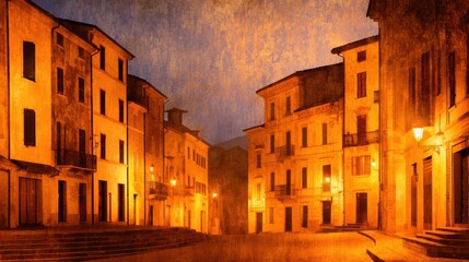 Wall Mural - serene twilight in a quaint italian village, illuminated by warm streetlights, showcasing rustic arc