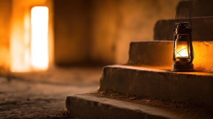 Wall Mural - vintage lantern illuminating worn stone steps in a dimly lit room with glowing doorway in background