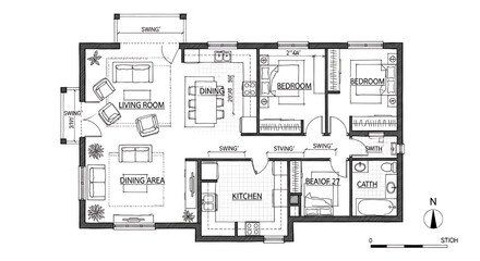 Naklejka na meble Detailed architectural floor plan for a multi-room apartment or house, showing room layouts, dimensions, and furniture placement.