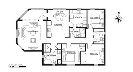 Naklejka na meble Architectural floor plan showcasing a spacious, curved-wall residence with multiple bedrooms, bathrooms, and living areas.