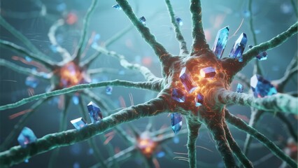 Neurons with glowing synapses, illustrating neural network activity and communication.
