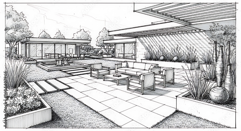 Detailed perspective sketch of a modern backyard patio and landscape ...
