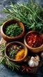 © Chungkieo - Aromatic Herbs and Spices in Wooden Bowls