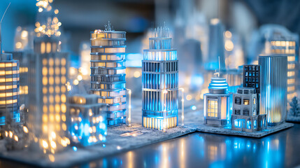 Miniature model cityscape with illuminated buildings glowing in blue and yellow lights, reflecting on a smooth surface in a soft-focused, atmospheric setting