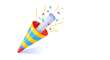Brightly colored party popper exploding with confetti and streamers