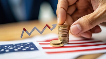 Wall Mural - Symbolic photo of rising tariffs, hand stacking coins, flag of USA, and economic growth arrow
