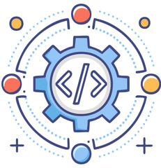 Technology gear icon with programming code symbol for software development and settings automation