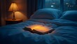 © 말랑콩이 놀이공작소 - A digital book displayed on a sleek tablet on a bedside table, soft blue light illuminating the room, rainy night.