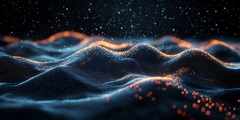 Cinematic 3D low-poly wireframe terrain on dark background with subtle glow, wide center space for text, futuristic digital technology and abstract concept design
