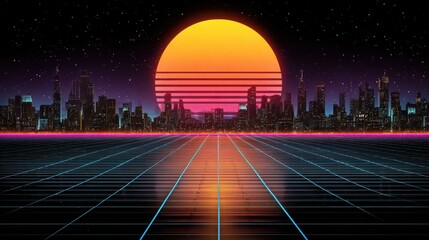 Wall Mural - Retro Futuristic Synthwave Background with Neon Sunset and Cityscape