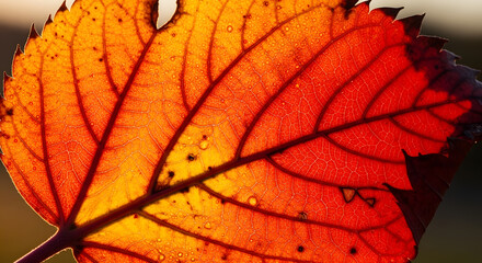 Autumn leaf close-up with sunlight shining through showing veins texture
