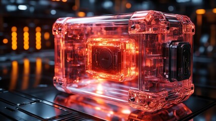 This ultra-realistic 3D render features a transparent glass safe that appears to float, revealing complex locking mechanisms inside. The background is softly illuminated for effect.