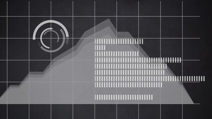 Wall Mural - animation of statistics and data processing over grid on black background