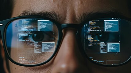 Programmer wears glasses reflecting code and data charts, for software development background.