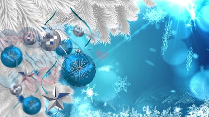 Wall Mural - animation of christmas snow falling over glowing lights, christmas tree and blue background