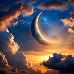 crescent moon in a dramatic sunset sky