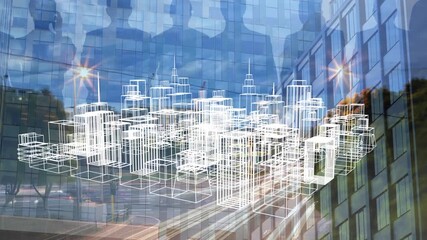 Wall Mural - animation of 3d city model over cityscape