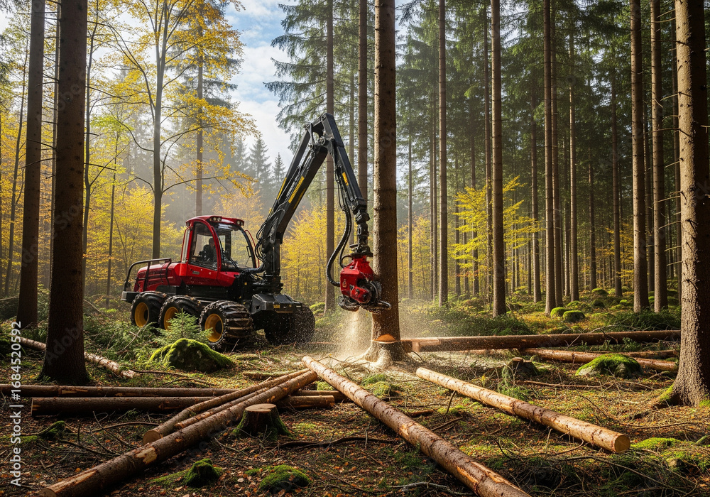 Heavy machinery cutting down trees in a forest with a feller buncher ...